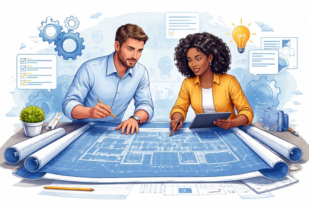 Two professionals mapping an operational blueprint together