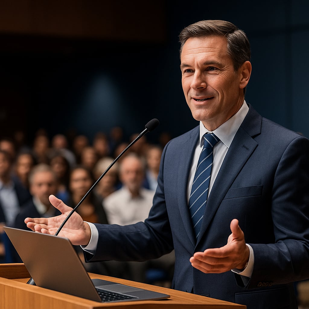 Professional speaker delivering a presentation to an engaged audience