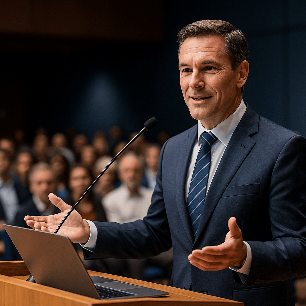 Professional speaker delivering a presentation to an engaged audience